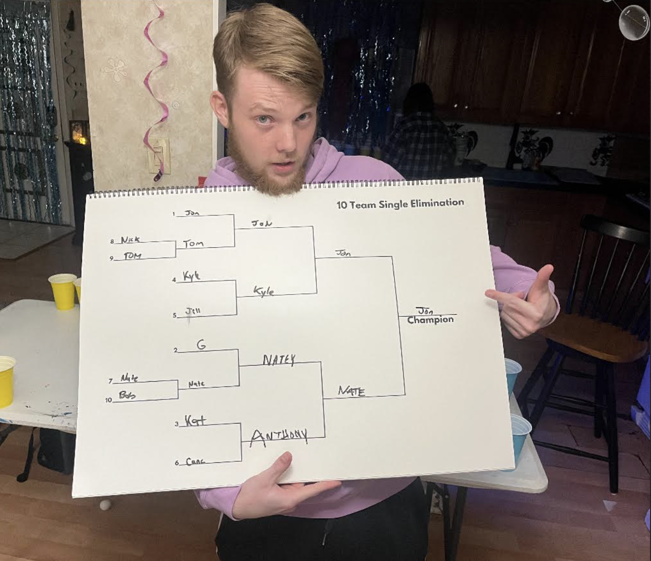 Jon Reilly holds up the 10 Team Single Elimination bracket showing his name as Champion